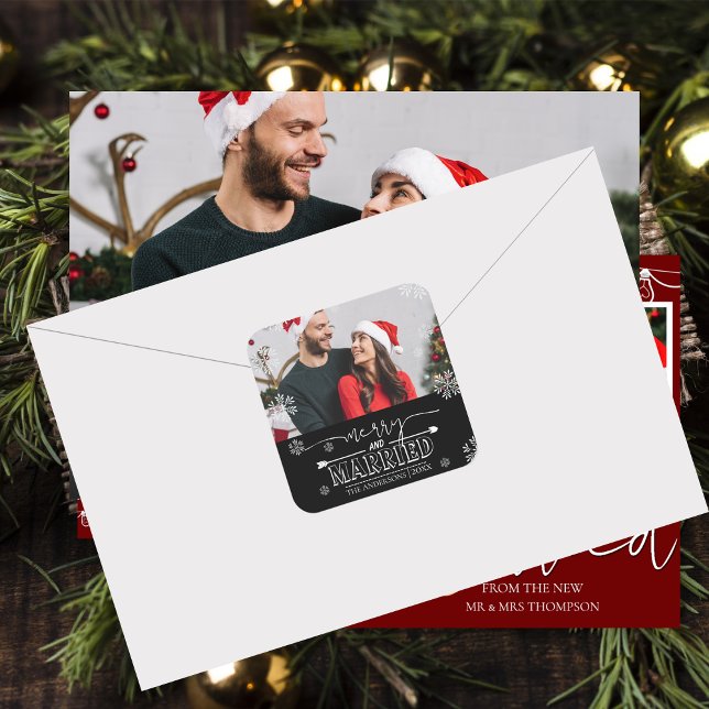 Newlywed Christmas Black Merry & Married Photo Square Sticker (Newlywed Christmas Black Merry & Married Photo Square Sticker)