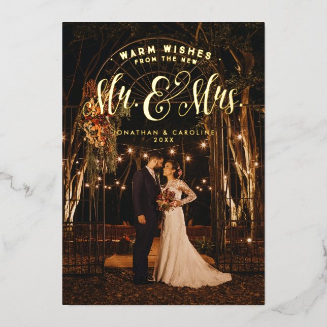 Newlywed Christmas Mr and Mrs 1 photo warm wishes  Foil Holiday Card (Front)