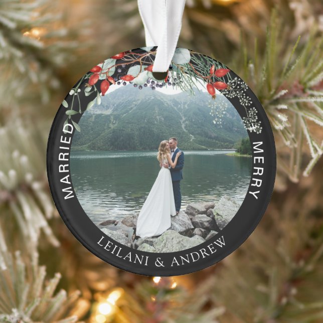 Newlywed Christmas Photo Watercolor Holly Black Ornament (Tree)