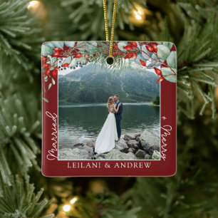 Newlywed Christmas Photo Watercolor Holly Burgundy Ceramic Ornament