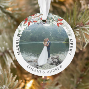 Newlywed Christmas Photo Watercolor Holly Ornament