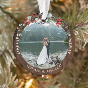 Newlywed Christmas Photo Watercolor Holly Wood Ornament