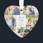 Newlywed Couple Wedding Photo Collage Heart Shaped Ornament<br><div class="desc">This beautiful newlywed couple keepsake heart shaped Christmas ornament gift features a classy layout of 5 wedding photos on a white background with the married couple's names, location, and date. A wonderful commemorative holiday photo gift for your wife or husband to treasure forever. Add a full photograph on the back....</div>