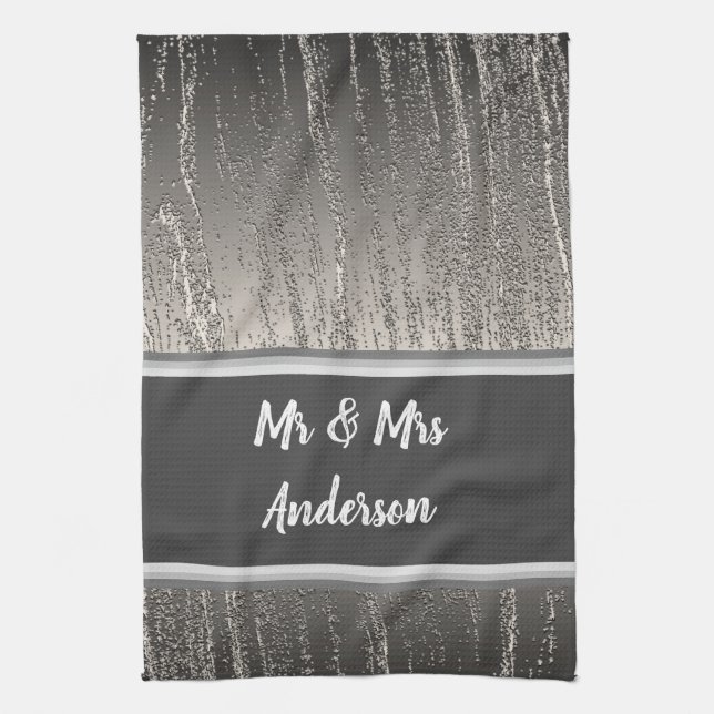 Newlywed Couples Names Elegant Silver Stripes Kitchen Towel (Vertical)
