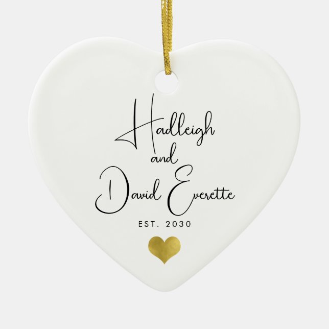 Newlywed Date Established Script Gold Heart Ceramic Ornament (Front)