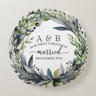 Newlywed First Christmas Personalized  Round Pillow