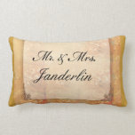 Newlywed floral gift lumbar pillow<br><div class="desc">Soft pastel colours of cream,  peach and brown with Mr. & Mrs. text and room to change the last name.  Fun design / gift for the newlyweds.</div>