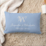 Newlywed Gift Chic Monogram Names Script Keepsake Lumbar Pillow<br><div class="desc">Newlywed Gift Chic Monogram Personalized Bride And Groom Names Simple Elegant Script Soft Dusty Blue And White Keepsake Lumbar Pillow. Stylish personalized soft dusty blue with the palest light grey monogram and white fancy script lettering. printed on the lumbar pillow front and back. Chic classic script for the monogrammed last...</div>