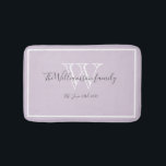 Newlywed Gift Elegant Family Monogram Script Chic  Bath Mat<br><div class="desc">Newlywed Gift Elegant Family Monogram Script Rustic Chic Bath Mat. Personalized white, grey monogram design with newlywed bride and groom's last name and date established on a soft lilac mauve background. A unique gift for newlyweds. Lovely for their new life together. Also a beautiful housewarming gift. Click Personalize this template...</div>