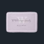 Newlywed Gift Elegant Family Monogram Script Chic  Bath Mat<br><div class="desc">Newlywed Gift Elegant Family Monogram Script Rustic Chic Bath Mat. Personalized white, grey monogram design with newlywed bride and groom's last name and date established on a soft lilac mauve background. A unique gift for newlyweds. Lovely for their new life together. Also a beautiful housewarming gift. Click Personalize this template...</div>