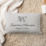 Newlywed Gift Monogram Name Chic Script Keepsake  Lumbar Pillow<br><div class="desc">Newlywed Gift Monogram Personalized Bride And Groom Names Chic Script Elegant Keepsake Lumbar Pillow. Stylish personalized pale grey with a medium grey monogram printed on the lumbar pillow front and back. Chic classic script for the monogrammed last name initial, the names of the bride and groom, and the marriage date...</div>