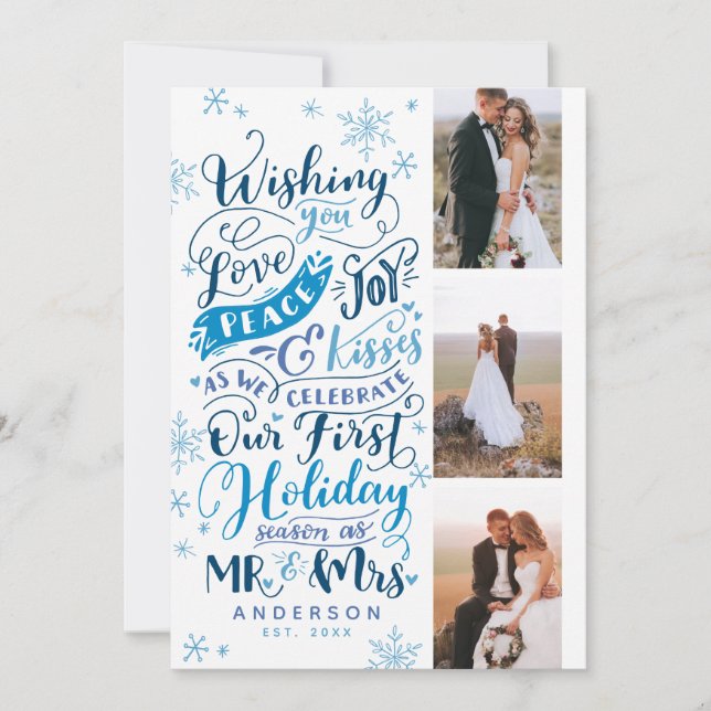 Newlywed Holiday Hand-Drawn | Blue | 3-Photo (Front)