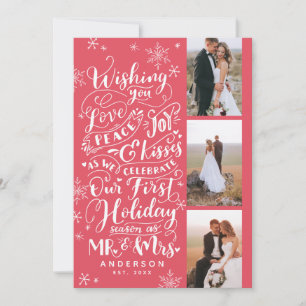 Newlywed Holiday Hand-Drawn   Red   3-Photo Card