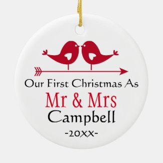 Newlywed Holiday Ornament- Christmas - LoveBirds Ceramic Ornament