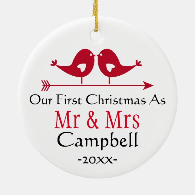 Newlywed Holiday Ornament- Christmas - LoveBirds Ceramic Ornament (Back)
