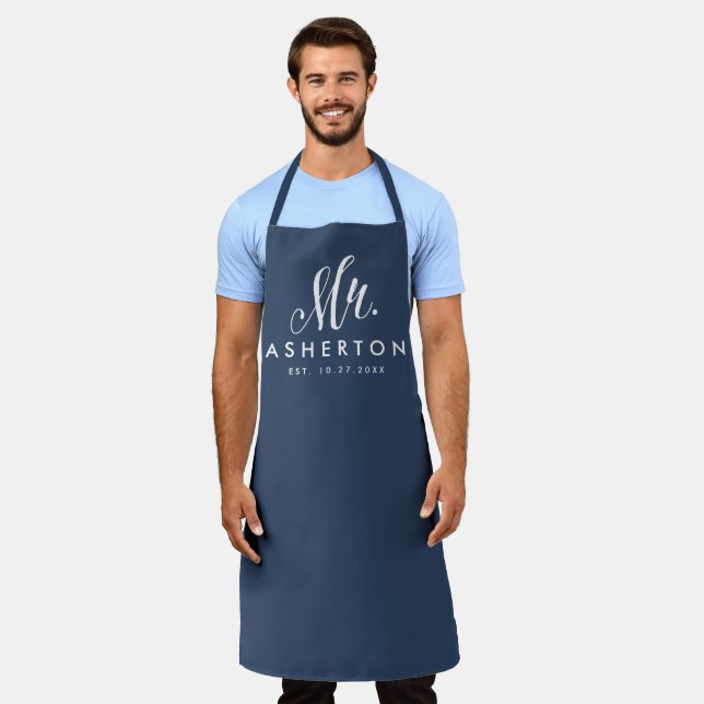 Newlywed husband Mr personalized navy blue Apron (Worn)