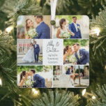 Newlywed Married Couple Photo Collage Christmas Metal Ornament<br><div class="desc">This beautiful newlywed couple keepsake metal Christmas ornament gift features a classy layout of 6 wedding photos on a white background with the married couple's names,  location,  and date. A wonderful commemorative holiday photo gift for your wife or husband to treasure forever. Add a full photograph on the back.</div>