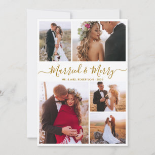 Newlywed Married & Merry Script 5 Photo Christmas Holiday Card