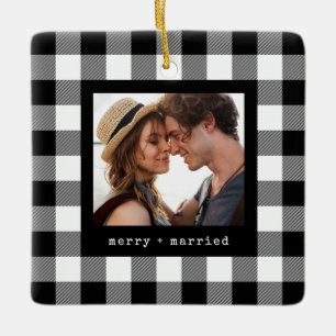 Newlywed Merry and Married Couple's Photo Plaid Ceramic Ornament