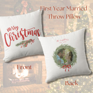 Newlywed Merry Christmas Photo Pine Wreath Throw Pillow