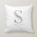 Newlywed Monogram S Blush Pink Watercolor Floral Throw Pillow<br><div class="desc">This elegant blush pink hand painted watercolor floral letter S throw pillow perfect for newlyweds has personalized names and date of the bride and groom  in a matching sage green modern hand lettered script. Makes a lovely gift for weddings and anniversaries. Designed by Susan Coffey.</div>