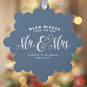 Newlywed Mr and Mrs elegant blue Christmas photo Ornament Card
