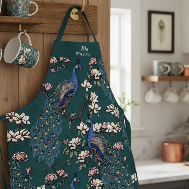 Newlywed Mr and Mrs Floral Peacock Teal Apron (Chic Teal Floral Peacock Pattern in Modern Chinoiserie Style for Mrs. Bridal Shower Gift for Bride.)
