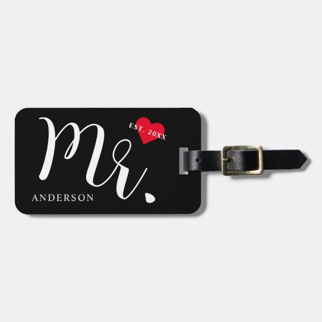 Newlywed Mr. Black And White Luggage Tag (Front Horizontal)