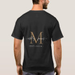 Newlywed Mr Mrs Monogram Names Year Gold Black T-Shirt<br><div class="desc">Chic, modern and simple monogrammed t-shirt with the text Mr and Mrs in white elegant handwritten script calligraphy on a black background with your monogram in faux gold. Simply add your married name, year established and monogram in stylish typography. Perfect luxury gift for the newlywed couple's wedding guests. Exclusively designed...</div>