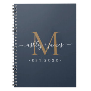 Newlywed Mr Mrs Monogram Names Year Gold Dark Blue Notebook