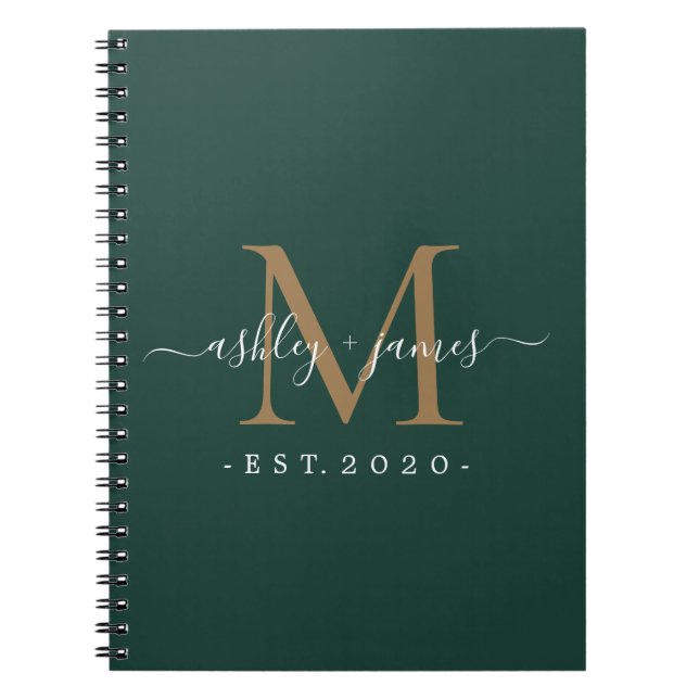 Newlywed Mr Mrs Monogram Names Year Gold Green Notebook (Front)
