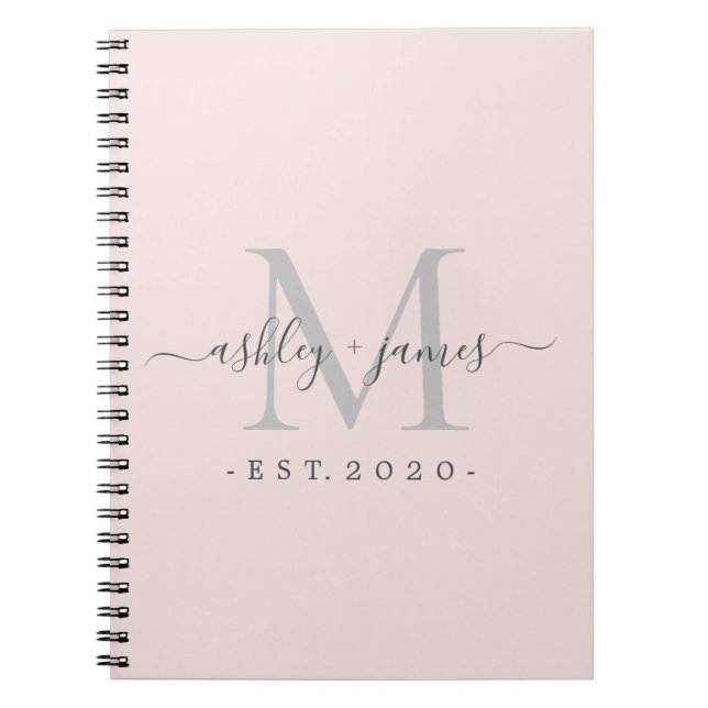 Newlywed Mr Mrs Monogram Names Year Silver Pink Notebook (Front)