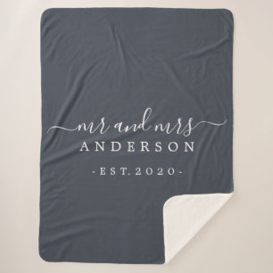 Newlywed Mr Mrs Monogram Year Charcoal Dark Blue Sherpa Blanket
