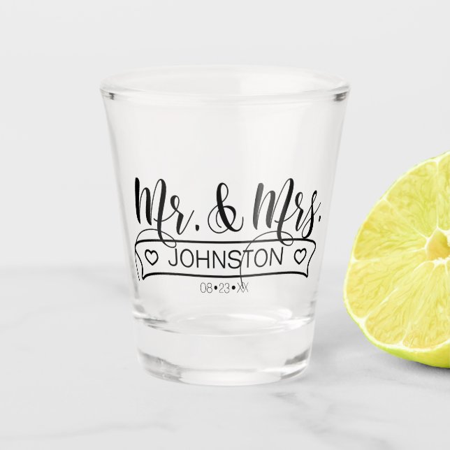 Newlywed Name Banner Mr & Mrs ID668 Shot Glass (Front)