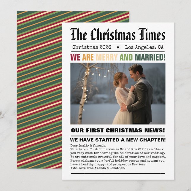 Newlywed Our First Christmas Newspaper Style Photo Holiday Card (Front/Back)