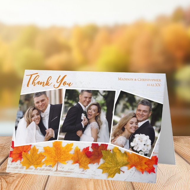 Newlywed Photo Collage Orange Autumn Leaf Wedding Thank You Card (Creator Uploaded)
