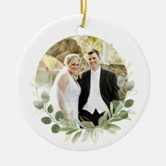Newlywed Photo Keepsake Elegant White & Leaves Ceramic Ornament