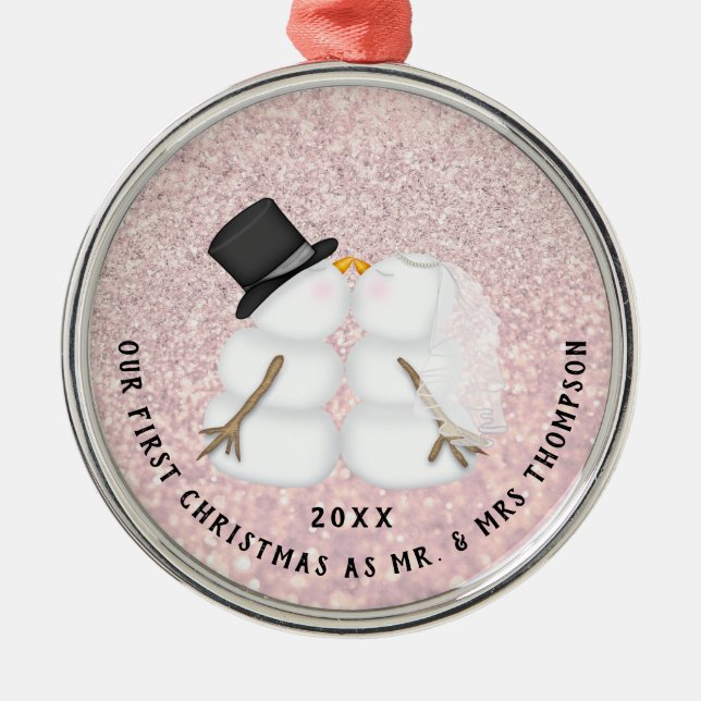 Newlywed Pink Snow Couple First Christmas Metal Ornament (Front)