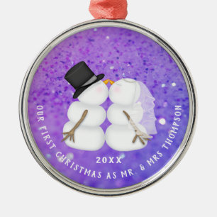 Newlywed Purple Snow Couple First Christmas Metal Ornament