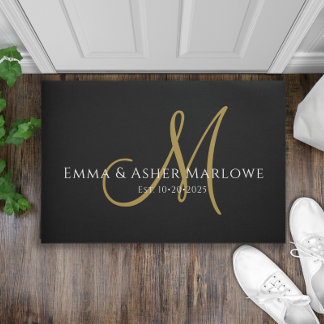 Newlywed Script Monogram Black Gold Family Name Doormat