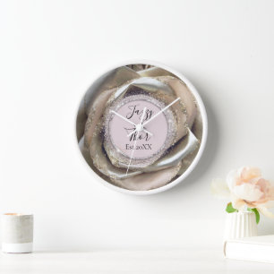 Newlywed Silver Rose Petals Personalized  Clock