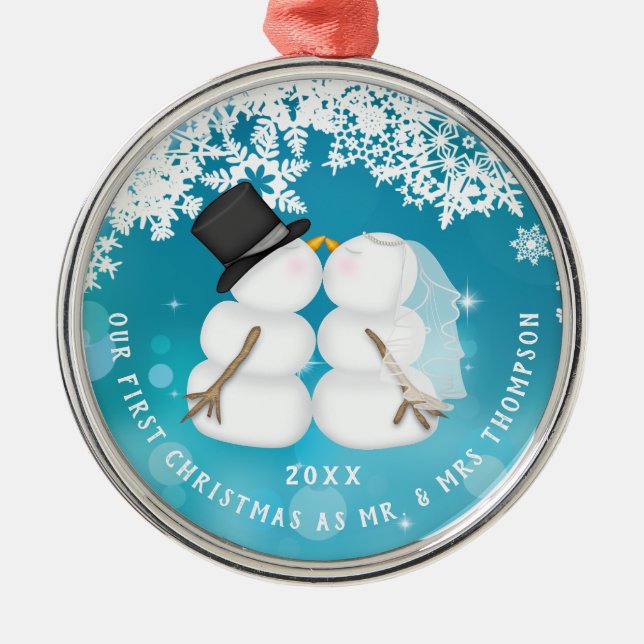  Newlywed Snow Couple First Christmas   Metal Ornament (Front)