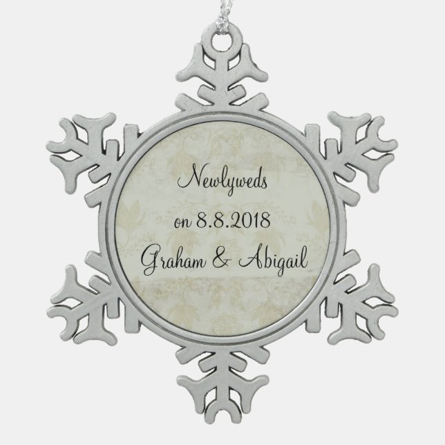 Newlywed Snowflake Pewter Christmas Ornament (Front)