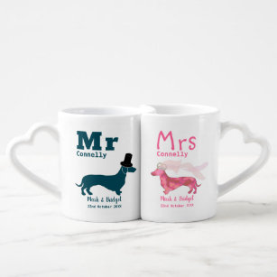 Newlywed Surname Mr and Mrs Dachshund Dog Funny Coffee Mug Set