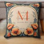 Newlywed Vintage Floral Monogram Poppy Art Nouveau Throw Pillow<br><div class="desc">This Newlywed Vintage Floral Monogram Poppies Art Nouveau Throw Pillow features bright orange poppies with green stems on a dark green background, framing a Custom Monogram Initial, Couple's Names and Wedding Date on a beige cream background. The artwork is in the style of Art Nouveau with delicate scrollwork and bold...</div>