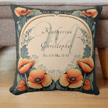 Newlywed Vintage Floral Monogram Poppy Art Nouveau Throw Pillow<br><div class="desc">This Newlywed Vintage Floral Monogram Poppies Art Nouveau Throw Pillow features bright orange poppies with green stems on a dark green background, framing a Custom Monogram Initial, Couple's Names and Wedding Date on a beige cream background. The artwork is in the style of Art Nouveau with delicate scrollwork and bold...</div>