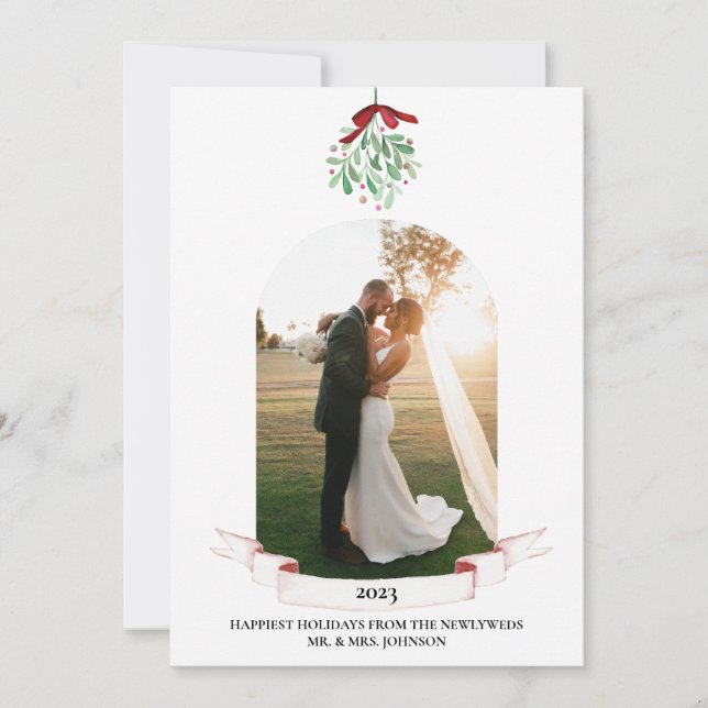 Newlywed Watercolor Mistletoe Photo Holiday Card (Front)