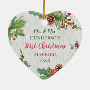 Newlyweds 1st Christmas Custom Photo Rustic Ceramic Ornament