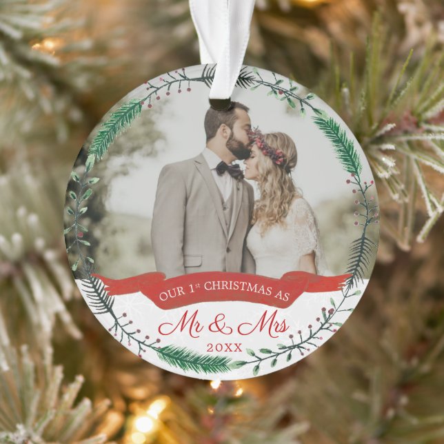 Newlyweds 1st Married Christmas Photo Ornament (Tree)