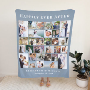 Newlyweds 30 Photo Collage Dusty Blue Wedding Fleece Blanket